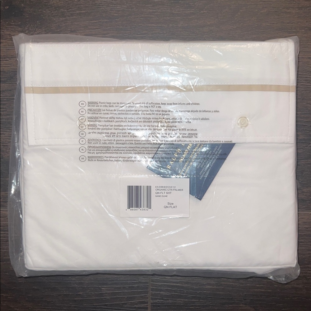 Ralph Lauren Palmer Percale Organic Cotton, White/Sand Dune, Queen - Flat Sheet